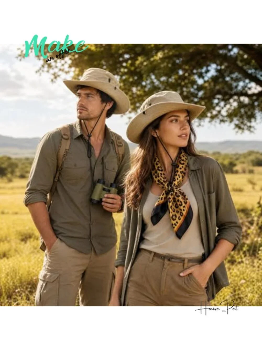 4-Piece Safari Costume Kit Sun Bucket Hat Leopard Scarf Binoculars Cosplay